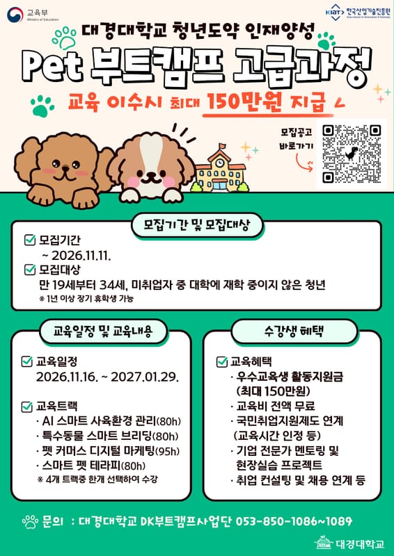 동양대학교 대경대학교, 미취업 청년 대상 Pet 부트캠프 고급과정 모집 홍보 이미지