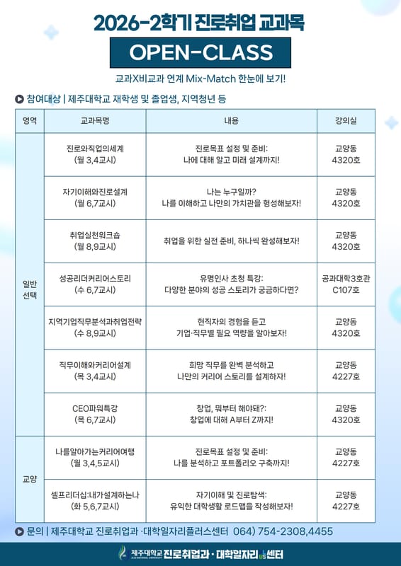 제주대학교 제주대학교, 지역청년 대상 2026-2학기 진로취업 교과목 OPEN-CLASS 개최 홍보 이미지